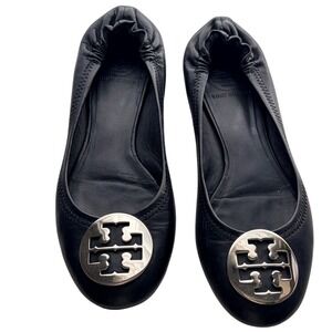 Tory Burch Reva Ballet Flats Black Leather Logo Women‎ Size 7 Classic